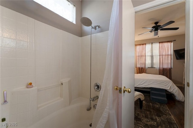 full bathroom with plenty of natural light, a ceiling fan, ensuite bath, and shower / bath combo