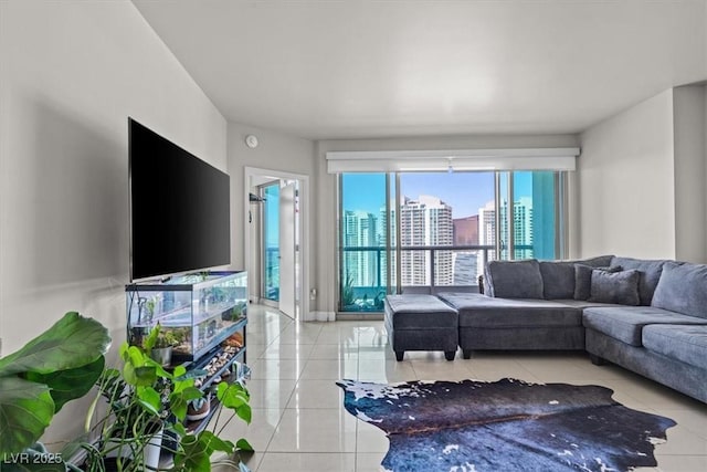living room with light tile patterned flooring
