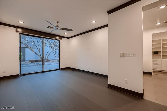917 Vegas View Dr, Henderson, NV 89052 - unfurnished room featuring crown molding, visible vents, baseboards, and a ceiling fan