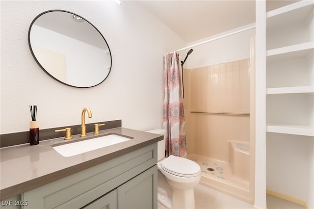 711 Sari Dr, Las Vegas, NV 89110 - bathroom with a shower with shower curtain, vanity, and tile patterned floors
