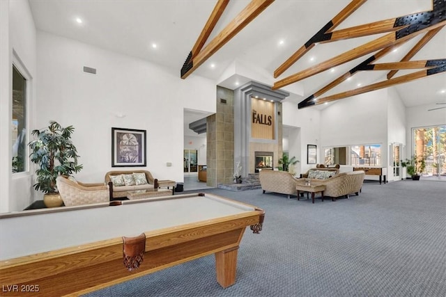 rec room featuring beamed ceiling, visible vents, recessed lighting, carpet, and high vaulted ceiling