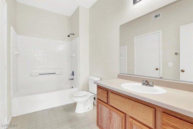 full bath with toilet, shower / washtub combination, visible vents, and vanity
