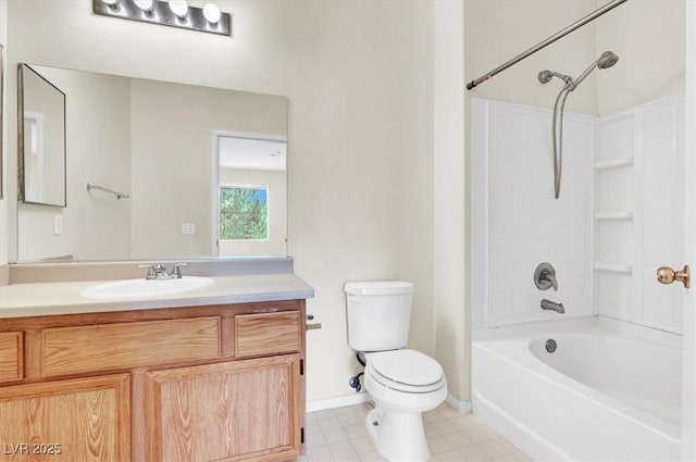full bathroom featuring toilet, baseboards, vanity, and  shower combination