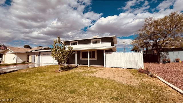 201 Redstone St, Las Vegas, NV 89145 - view of front of house featuring a front lawn, a garage, covered porch, and fence