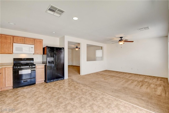 8626 Anderson Dale Ave, Las Vegas, NV 89178 - kitchen featuring black appliances, a ceiling fan, light colored carpet, light countertops, and recessed lighting