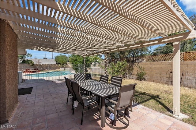 view of patio / terrace featuring a fenced backyard, a fenced in pool, outdoor dining area, and a pergola