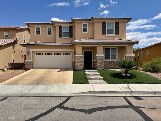 view of front of property with concrete driveway, an attached garage, stone siding, and stucco siding
