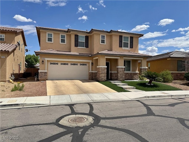 view of front of property featuring an attached garage, driveway, stone siding, and stucco siding