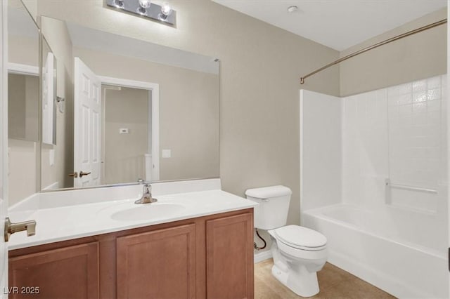 full bath with vanity, tile patterned flooring, toilet, and shower / tub combination
