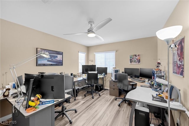 office space with a ceiling fan and light wood-style flooring