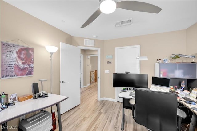 office with visible vents, light wood-style flooring, ceiling fan, and baseboards
