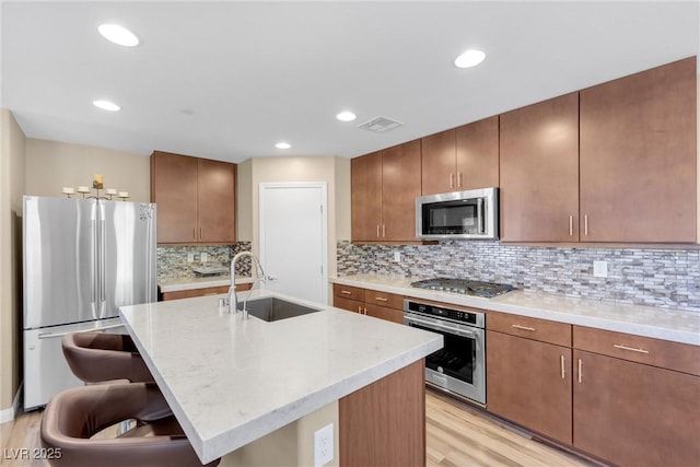 kitchen featuring decorative backsplash, visible vents, a sink, light wood finished floors, and stainless steel appliances
