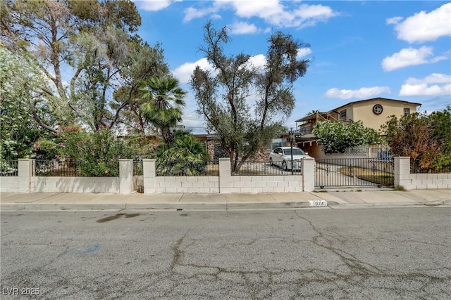 view of property hidden behind natural elements with a gate, a fenced front yard, and stucco siding