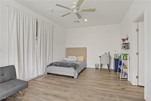 4436 Mural Glen Ct, North Las Vegas, NV 89084 - bedroom featuring a ceiling fan, visible vents, baseboards, recessed lighting, and light wood-style flooring