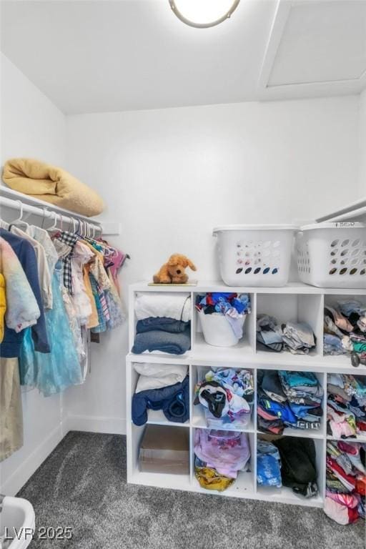 walk in closet with carpet