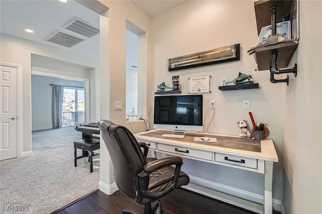 office area featuring recessed lighting, baseboards, dark wood finished floors, and visible vents