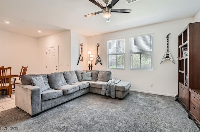 489 Filaree Pl, Henderson, NV 89015 - carpeted living room with recessed lighting, ceiling fan, visible vents, and baseboards