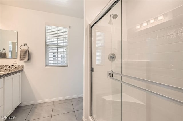 489 Filaree Pl, Henderson, NV 89015 - full bathroom with vanity, baseboards, tile patterned floors, and a shower stall