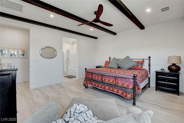 bedroom featuring wood finished floors, beam ceiling, and visible vents