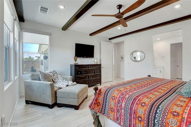 bedroom featuring beam ceiling, light wood-style flooring, recessed lighting, baseboards, and visible vents