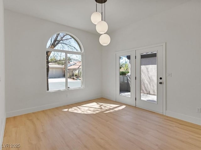 unfurnished dining area featuring baseboards, a healthy amount of sunlight, and wood finished floors
