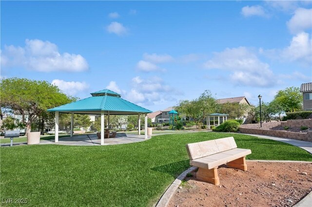 view of community featuring a gazebo and a yard