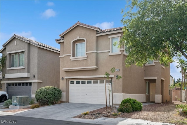 view of front of home featuring a garage, cooling unit, stucco siding, concrete driveway, and a tile roof