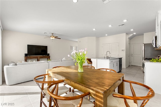 dining space featuring a ceiling fan, visible vents, light tile patterned floors, and recessed lighting
