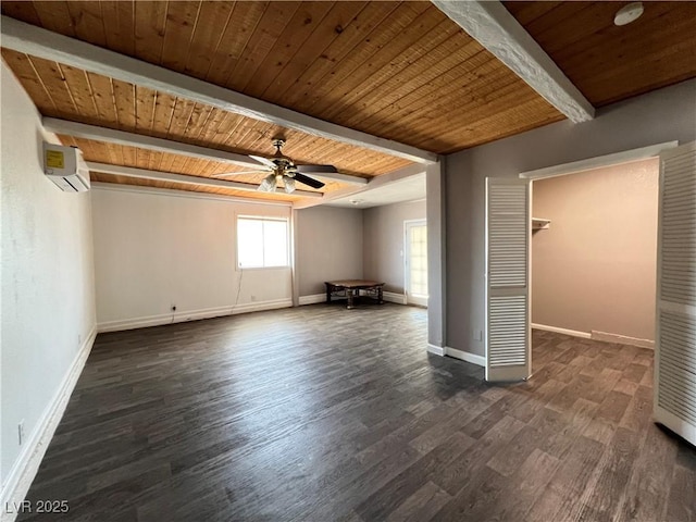 interior space featuring a ceiling fan, wood ceiling, dark wood finished floors, and beamed ceiling