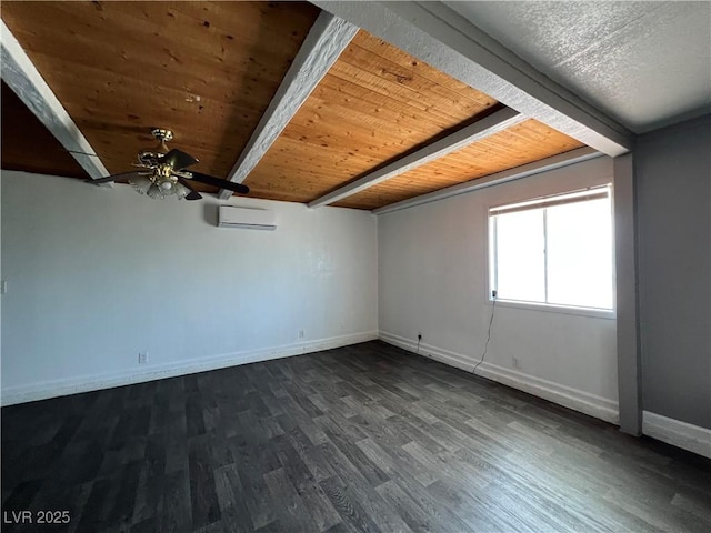 unfurnished room with a ceiling fan, a wall mounted air conditioner, wooden ceiling, baseboards, and dark wood-style floors