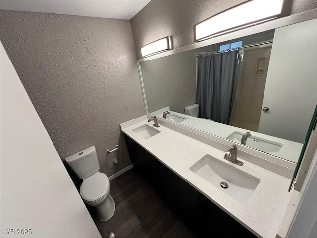 bathroom with a sink, a textured wall, and toilet