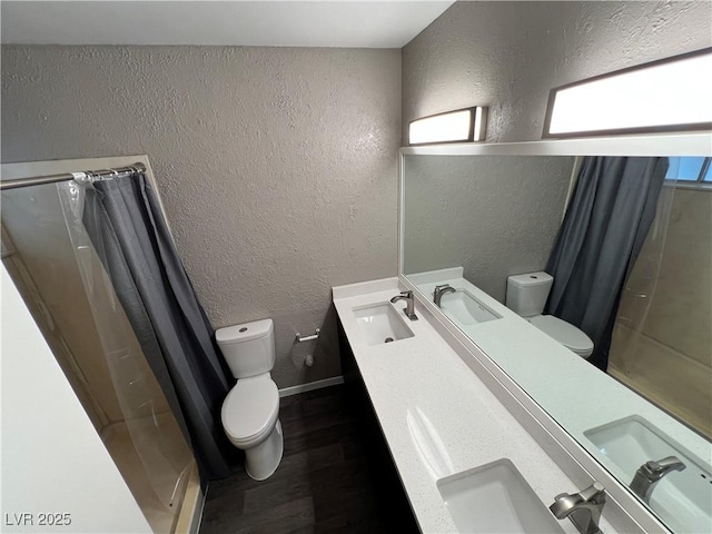 full bathroom with a sink, a textured wall, and toilet