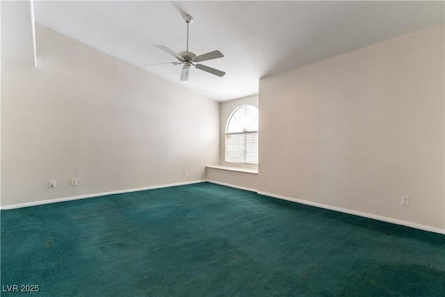 3510 Judah Way, Las Vegas, NV 89147 - empty room featuring baseboards, ceiling fan, vaulted ceiling, and dark colored carpet