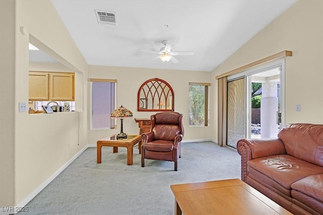 1991 High Mesa Dr, Henderson, NV 89012 - living area featuring a ceiling fan, baseboards, visible vents, and light carpet