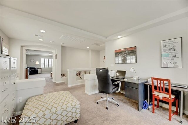 carpeted home office with recessed lighting and visible vents