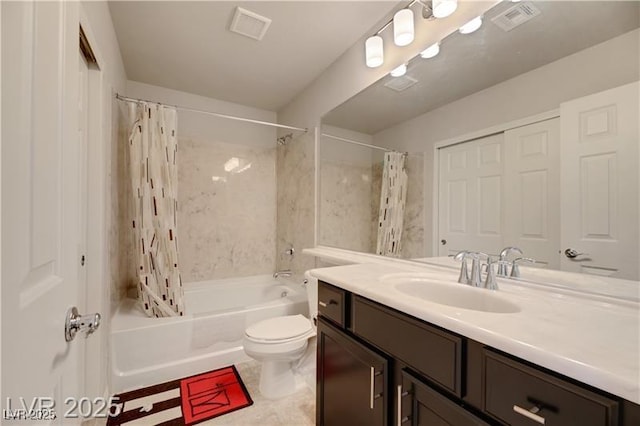 bathroom featuring toilet, visible vents, shower / bath combination with curtain, and vanity