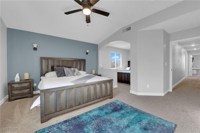 204 Appian Way, Henderson, NV 89002 - carpeted bedroom featuring arched walkways, a ceiling fan, baseboards, vaulted ceiling, and visible vents