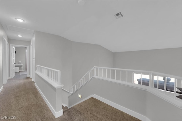 204 Appian Way, Henderson, NV 89002 - hall featuring visible vents, vaulted ceiling, carpet floors, baseboards, and an upstairs landing