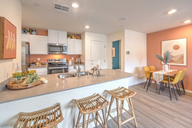 kitchen with light stone counters, a sink, stainless steel appliances, white cabinetry, and visible vents