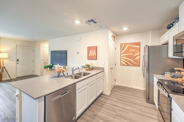 kitchen with a sink, stainless steel appliances, white cabinetry, a peninsula, and visible vents