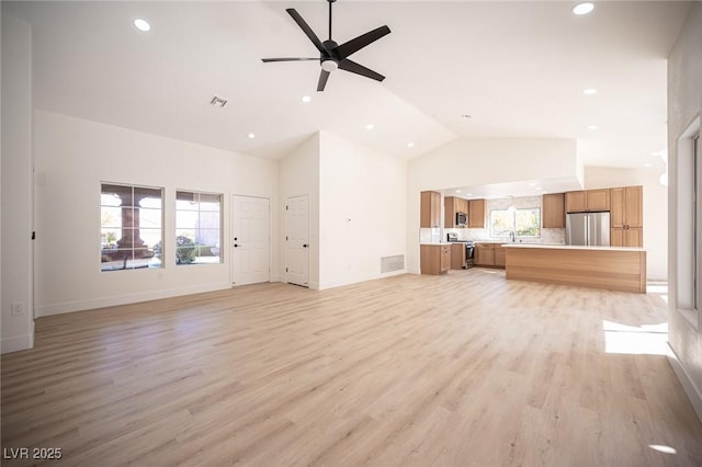 unfurnished living room with high vaulted ceiling, visible vents, and light wood finished floors