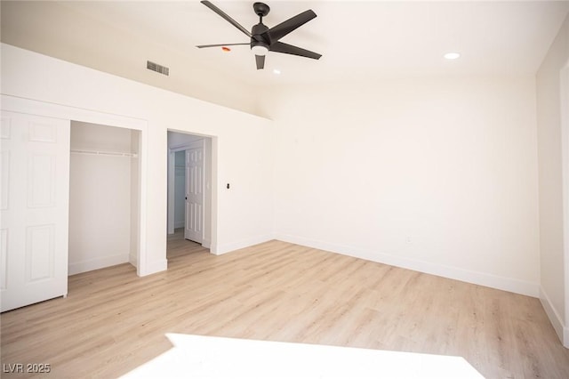 unfurnished bedroom with visible vents, a closet, baseboards, recessed lighting, and light wood finished floors