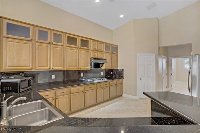 kitchen featuring appliances with stainless steel finishes, tasteful backsplash, a sink, baseboards, and dark stone countertops