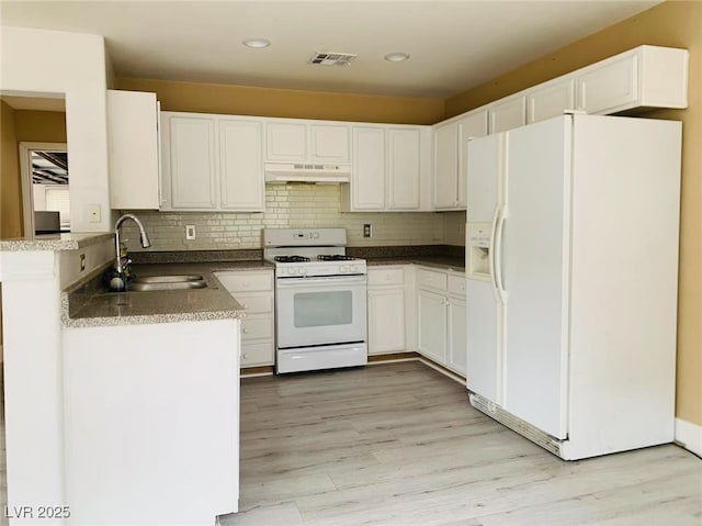 kitchen featuring a sink, light wood-style floors, under cabinet range hood, recessed lighting, and white appliances