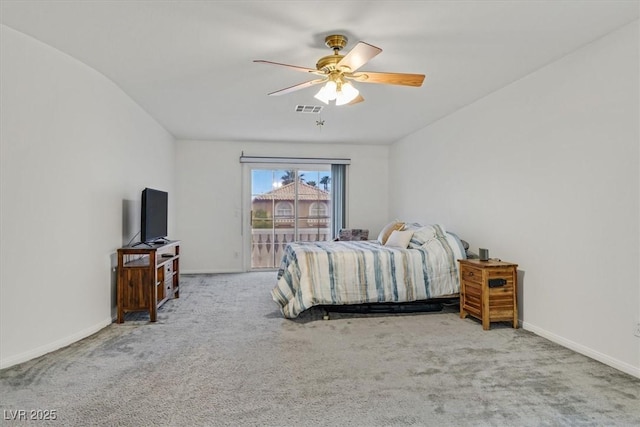 carpeted bedroom featuring access to outside, baseboards, visible vents, and a ceiling fan
