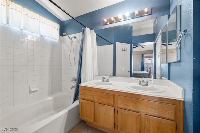 full bath with double vanity, a sink, connected bathroom, and shower / bath combination with curtain