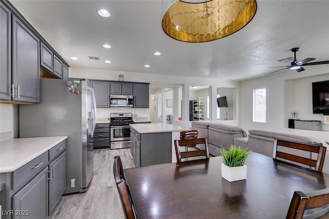 dining area with recessed lighting, ceiling fan, visible vents, and light wood-type flooring