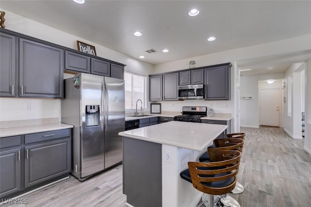 kitchen featuring visible vents, light wood-type flooring, a center island, a sink, and stainless steel appliances