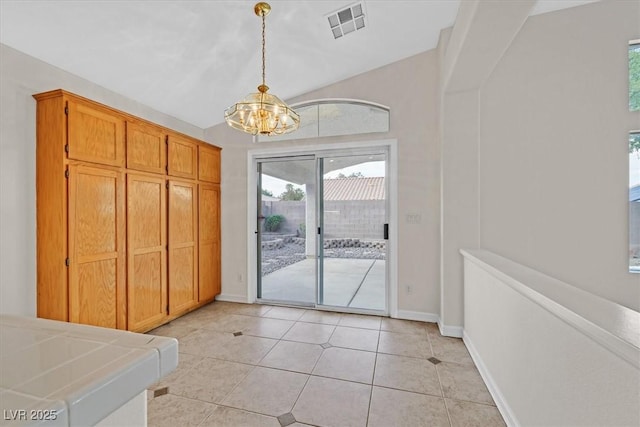 1326 Winter Solstice Ave, Henderson, NV 89014 - doorway to outside featuring light tile patterned floors, baseboards, a notable chandelier, and visible vents