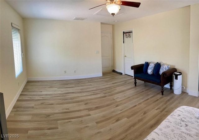 sitting room featuring baseboards, ceiling fan, visible vents, and light wood-type flooring